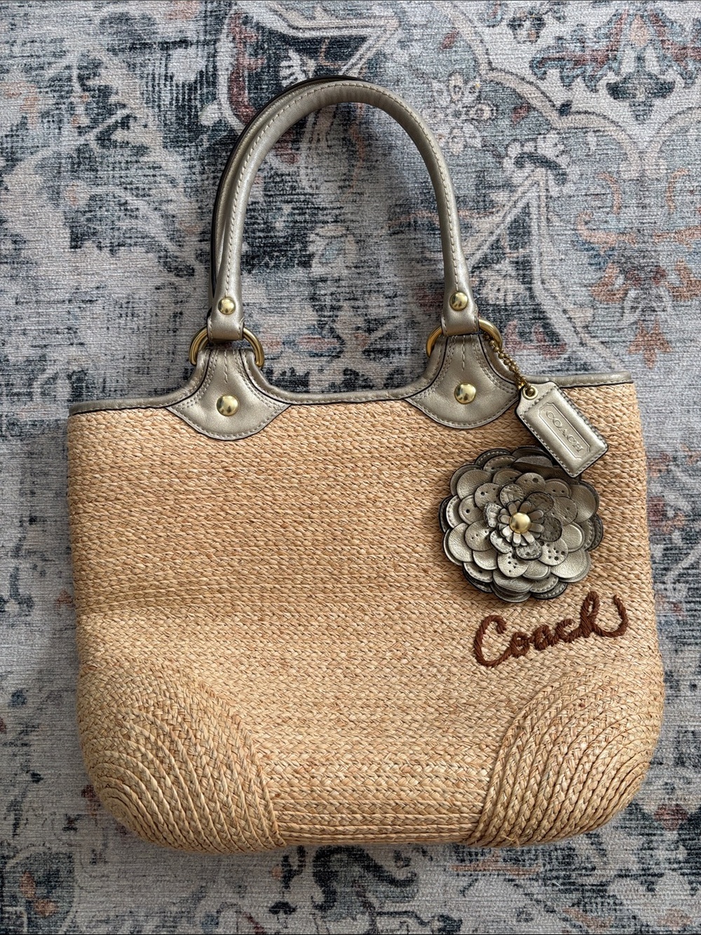 Coach Straw shoulder bag with Metallic Leather Trim and Flower